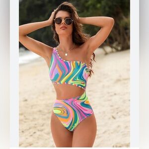 SHEIN One-Shoulder Multi-Color Swirl High-Waist Women’s Swimsuit medium